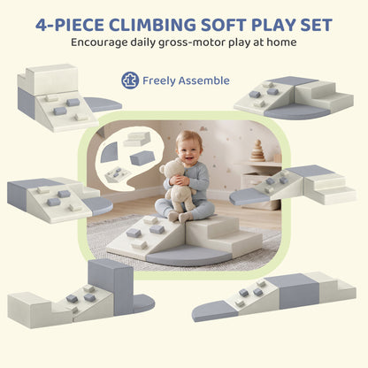 AIYAPLAY 4-Piece Toddler Soft Play Climbing Set | Foam Ramp, Steps & Blocks | Wipe-Clean PU | Light Grey & Beige | Ages 1–3