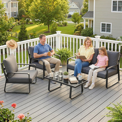 4-Piece Garden Sofa Set | Loveseat, 2 Armchairs & Glass Table | 16cm Cushions | Zip Covers | Black