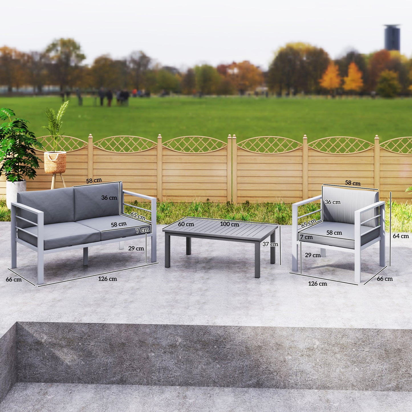 4-Piece Aluminium Garden Sofa Set | Thick Cushions | Loveseat, 2 Armchairs & Table | Charcoal Grey