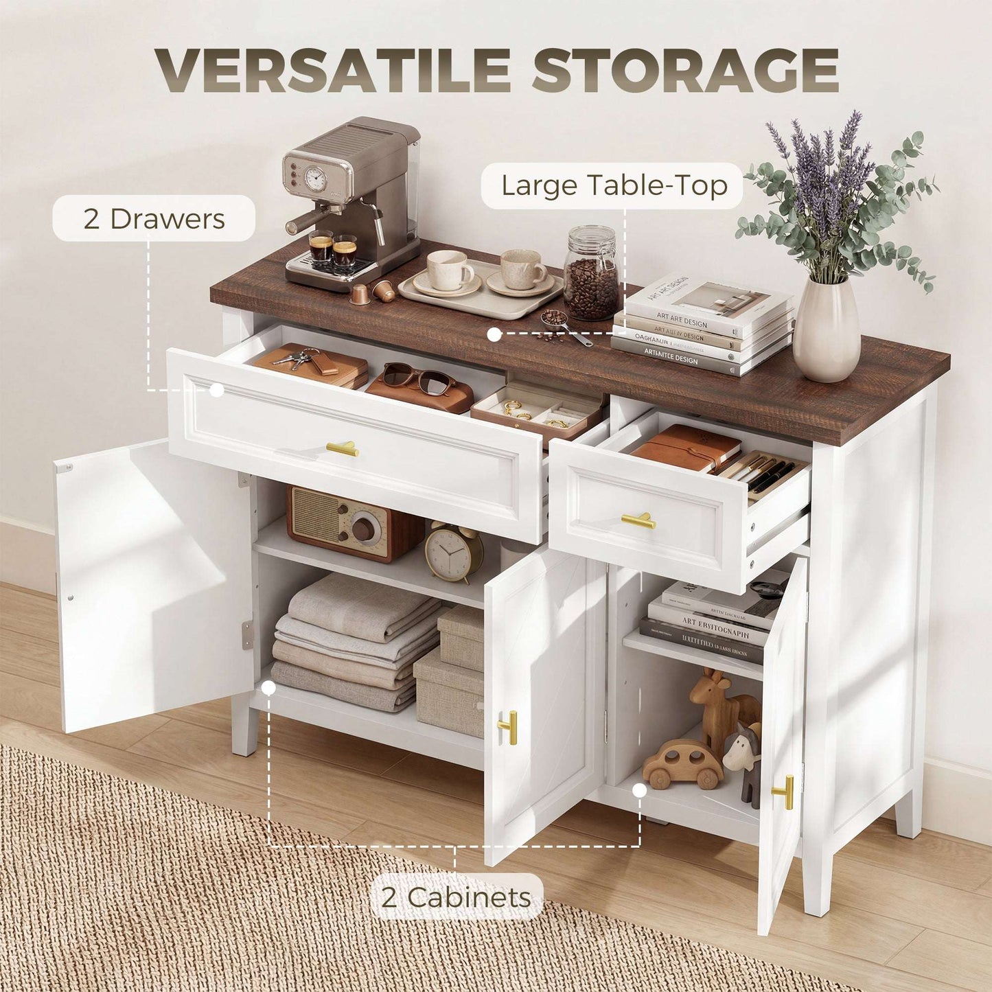 Modern Sideboard | 3 Doors & 2 Drawers | 3-Position Adjustable Shelves | Gold Alloy Handles | Anti-Tipping Straps | Water-Resistant | 75kg Capacity | 110x35x80.5cm | White & Brown Wood Effect