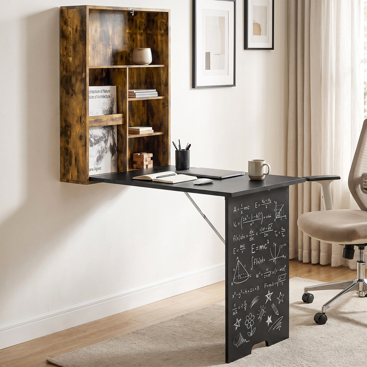 Wall-Mounted Folding Drop-Leaf Desk with Chalkboard & Storage Shelves | 78x56.5cm Tabletop | Folds to 16cm Deep | 20kg Tabletop Capacity | MDF | Rustic Brown & Black | 60x94.5x147cm Open