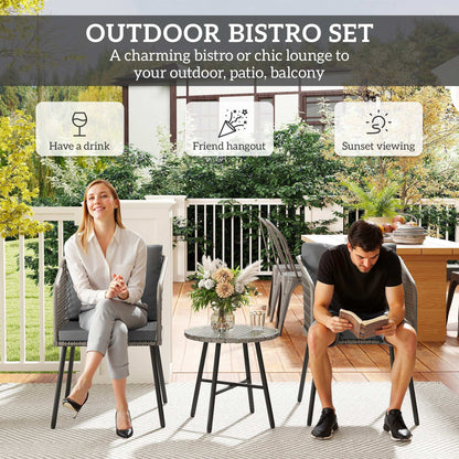 Outsunny 3 Piece Rattan Bistro Set with 2 Chairs, Tempered Glass Table, Cushions, Adjustable Foot Pads for Garden, Balcony, Grey