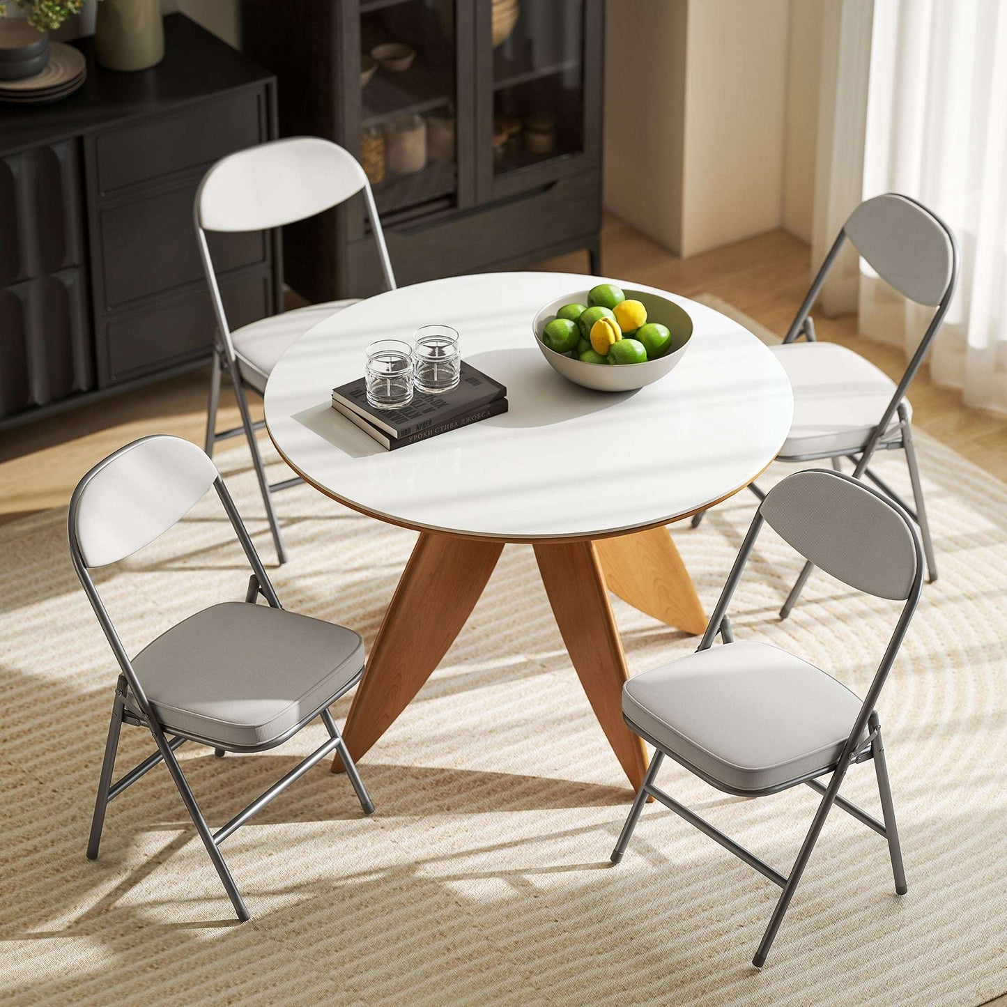 Set of 4 Folding Corduroy Dining Chairs | High Back | Padded Seat & Back | Steel Frame | Foldable | 120kg | No Assembly | Cream