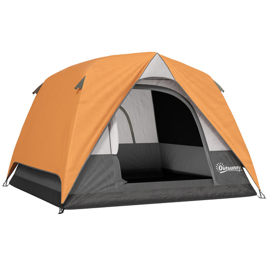 3-4 Person Camping Tent, Easy Set Up Waterproof Dome Tent with Sewn-in Groundsheet, Mesh Windows, Pocket and Hook for Camping, Orange & Grey