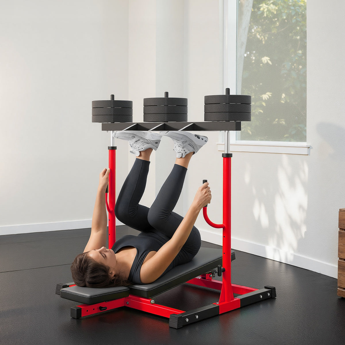 SPORTNOW Vertical Leg Press Machine | Red & Black Steel Home Gym Trainer | 1-Inch Weight Plate Posts | Adjustable Backrest & Head Pad | 130kg Plate Load