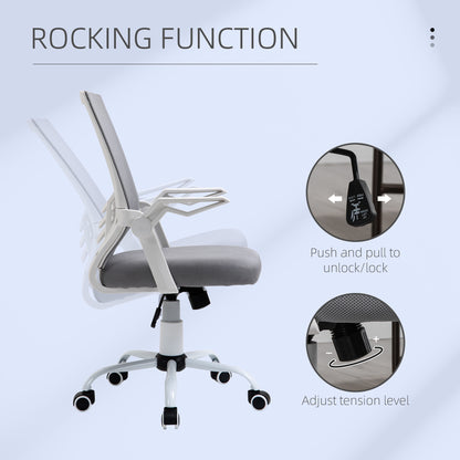Home Office Desk & Ergonomic Mesh Chair Set | Flip-Up Arms | Storage Shelf | White & Grey