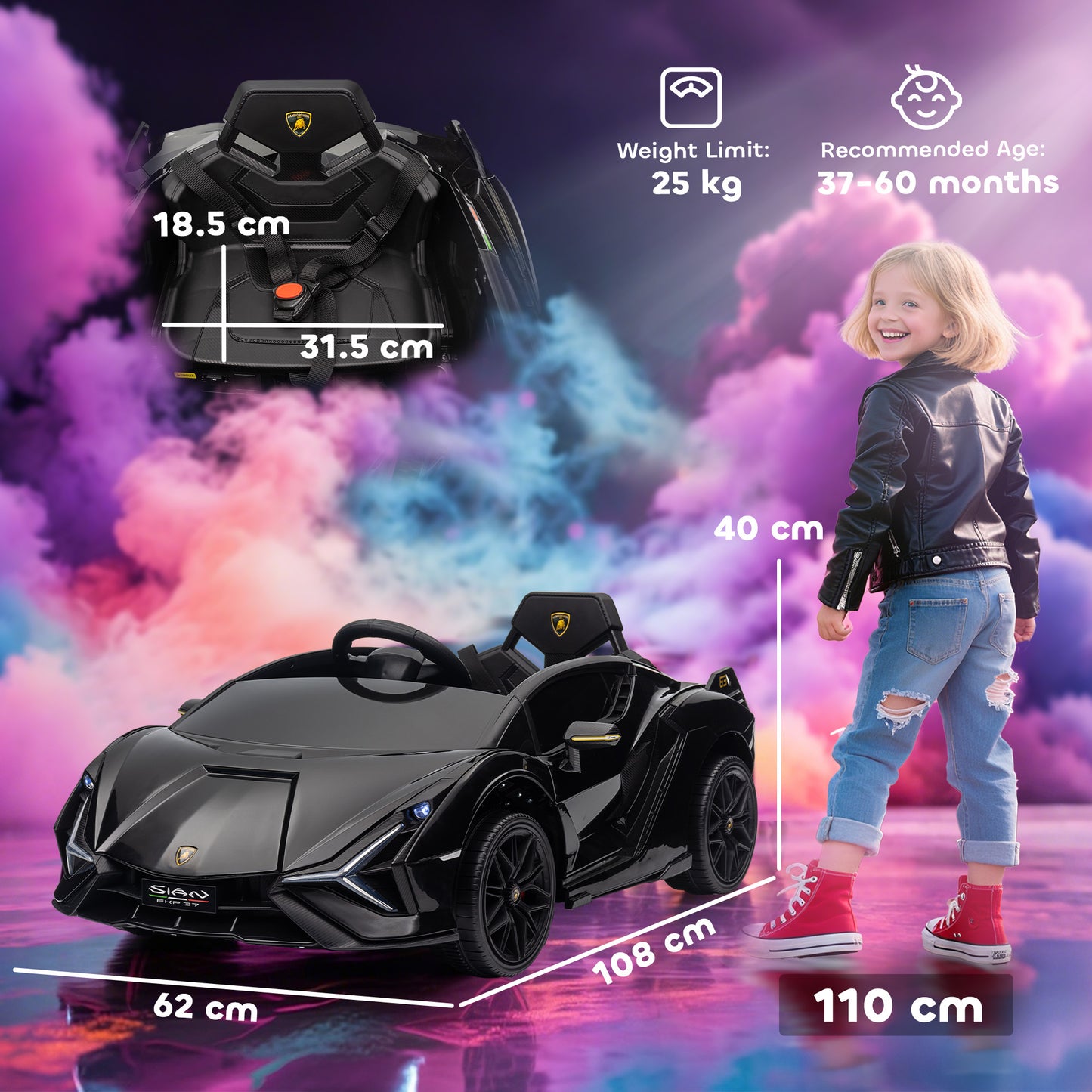 Lamborghini Sian Licensed 12V Kids Electric Ride On Car | Dual Motors | Remote Control | Lights & Music | Seatbelt | Black