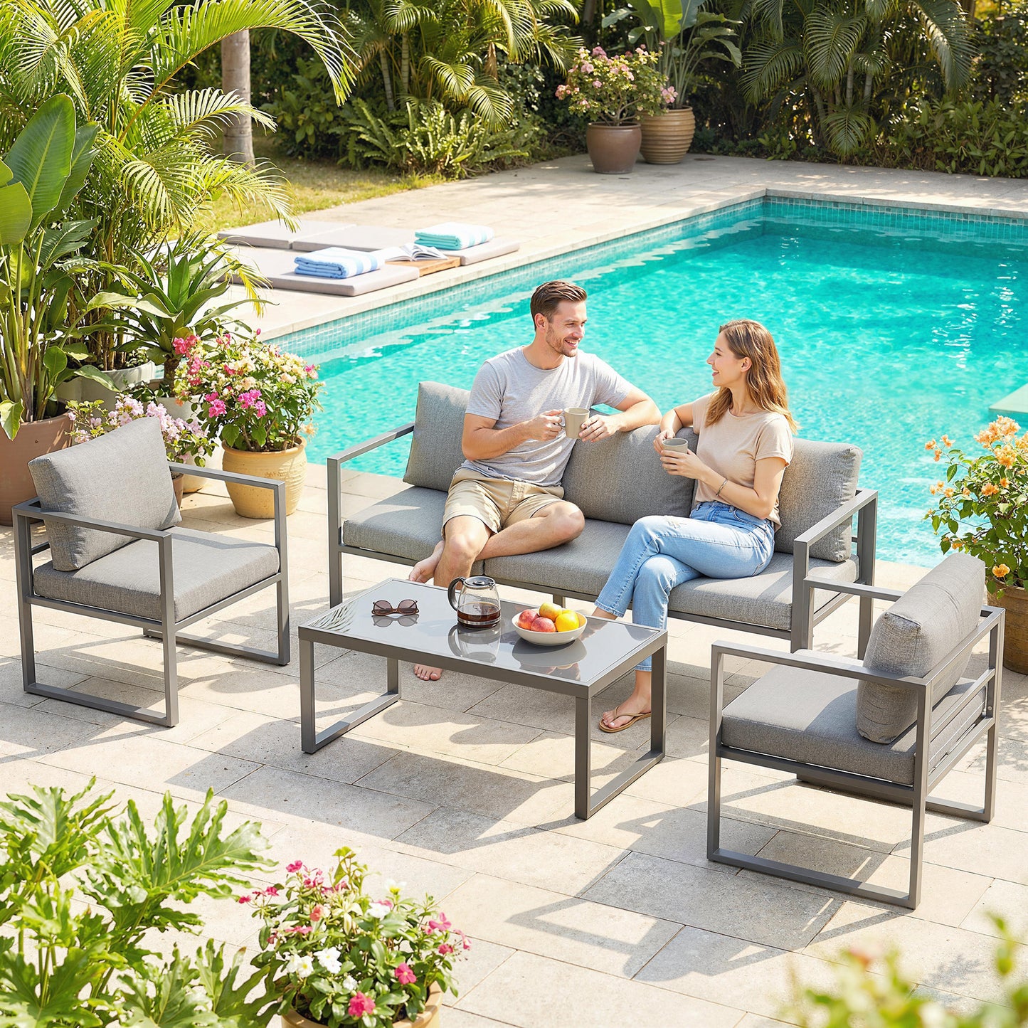 4-Piece Garden Sofa Set | 3-Seater Sofa | 2 Armchairs | Tempered Glass Coffee Table | Powder-Coated Aluminium Frame | 8cm Seat & 12cm Back Cushions | Anti-Slip Straps | Washable Zip Covers | 360kg Sofa Capacity | Dark Grey