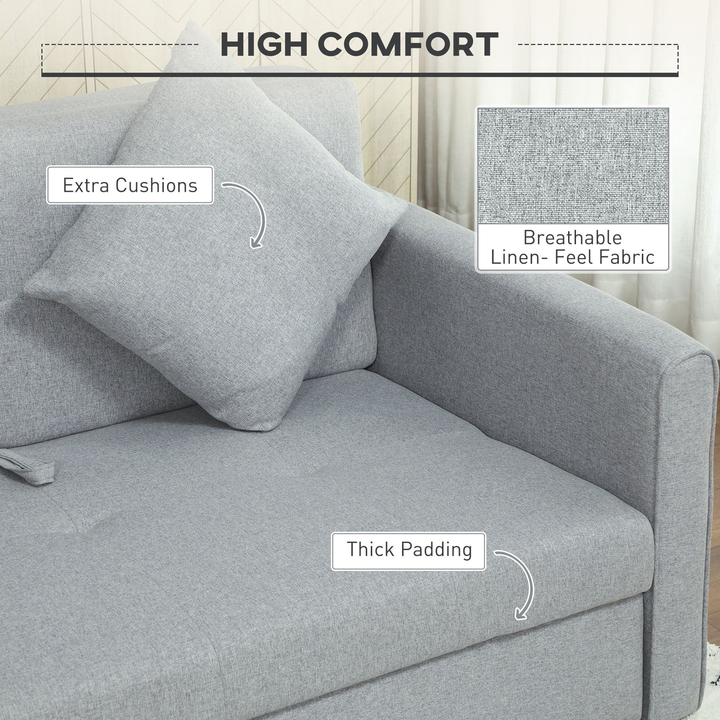 2 Seater Sofa Bed, Convertible Bed Settee, Modern Fabric Loveseat Sofa Couch with 2 Cushions, Hidden Storage for Living Room, Guest Room