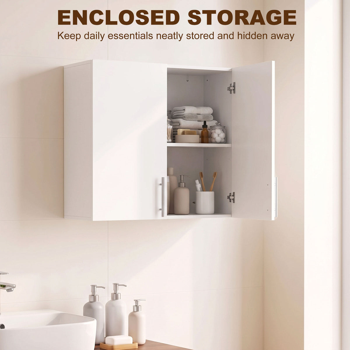 Wall-Mounted Cabinet | White MDF | 60x31x60cm | 2 Doors | Adjustable Shelf 6.4cm Steps | Soft-Close Hinges | 20kg | Bathroom Kitchen Living Room