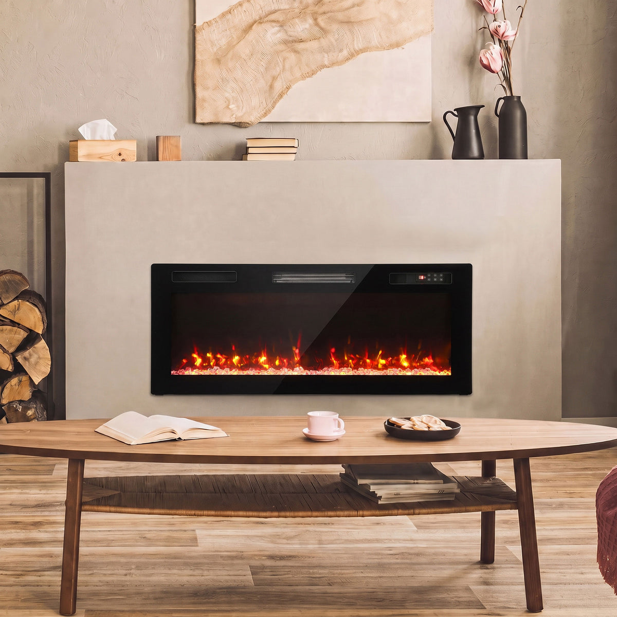 102cm Slim Electric Fireplace | 8.3cm Profile, Crystal Effect & 12 Flame Colours | 900/1800W, Remote, ECO & 7-Day Programme | Black
