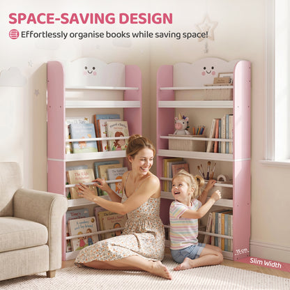 4-Tier Kids Wall-Mounted Bookshelf | Cotton Candy Theme | MDF & Pine | Anti-Tip | 3+ Years | Pink & White