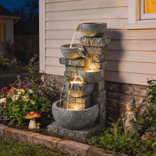5-Tier Stacked Rock Resin Waterfall Fountain | 24 Warm LED Lights | Hand-Painted Natural Stone Finish | IP44 Adapter | 10W Pump | 230V | 3m Cable | 34x36x80cm | Garden & Patio | Mixed