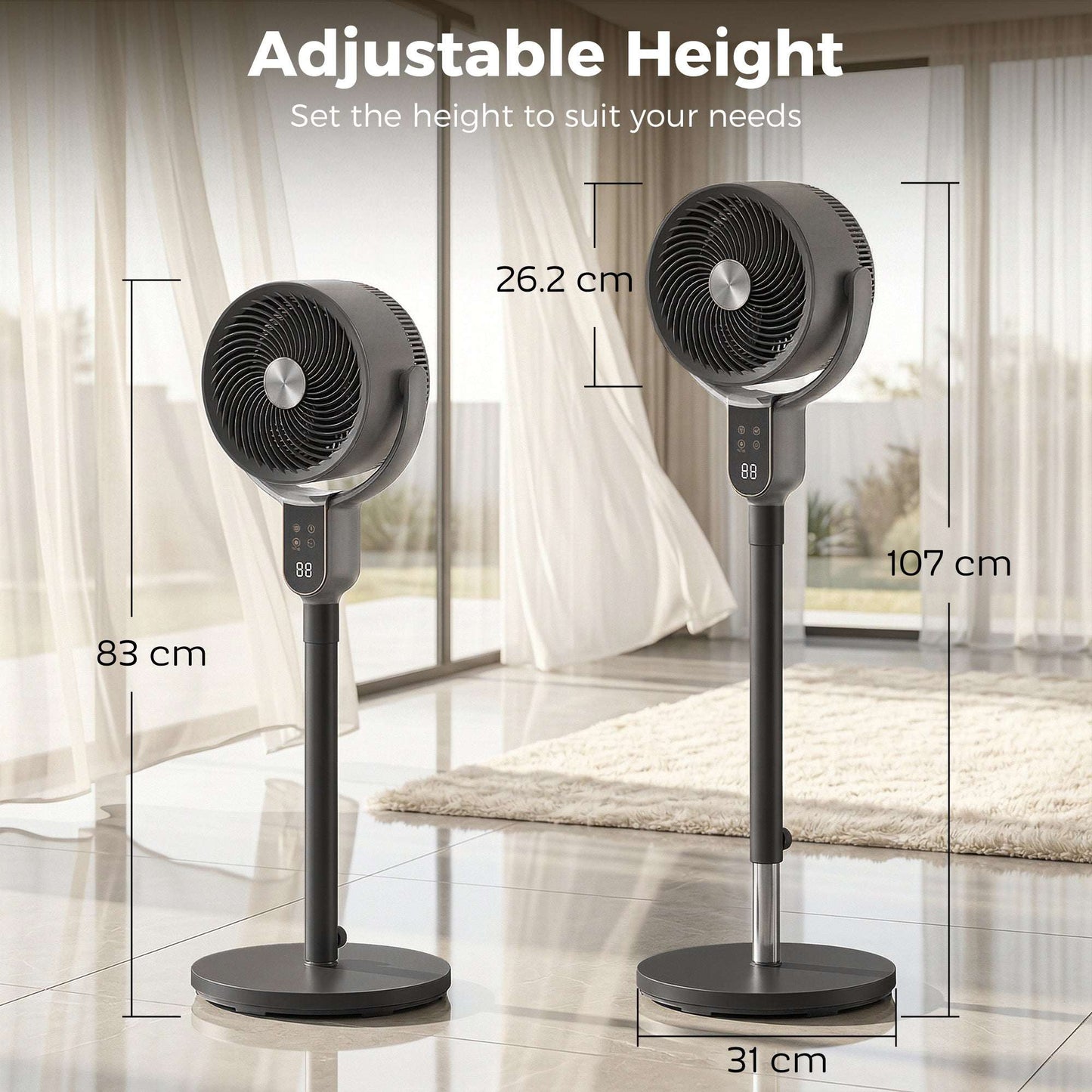 Pedestal Standing Fan | Turbo Mode | 20dB Sleep Mode | 8 Speeds | 16m³/min Airflow | 90° Oscillation | Aromatherapy Pad | Detachable Washable Grill | 5m Remote | 12H Timer | 50W | 83-107cm | Grey