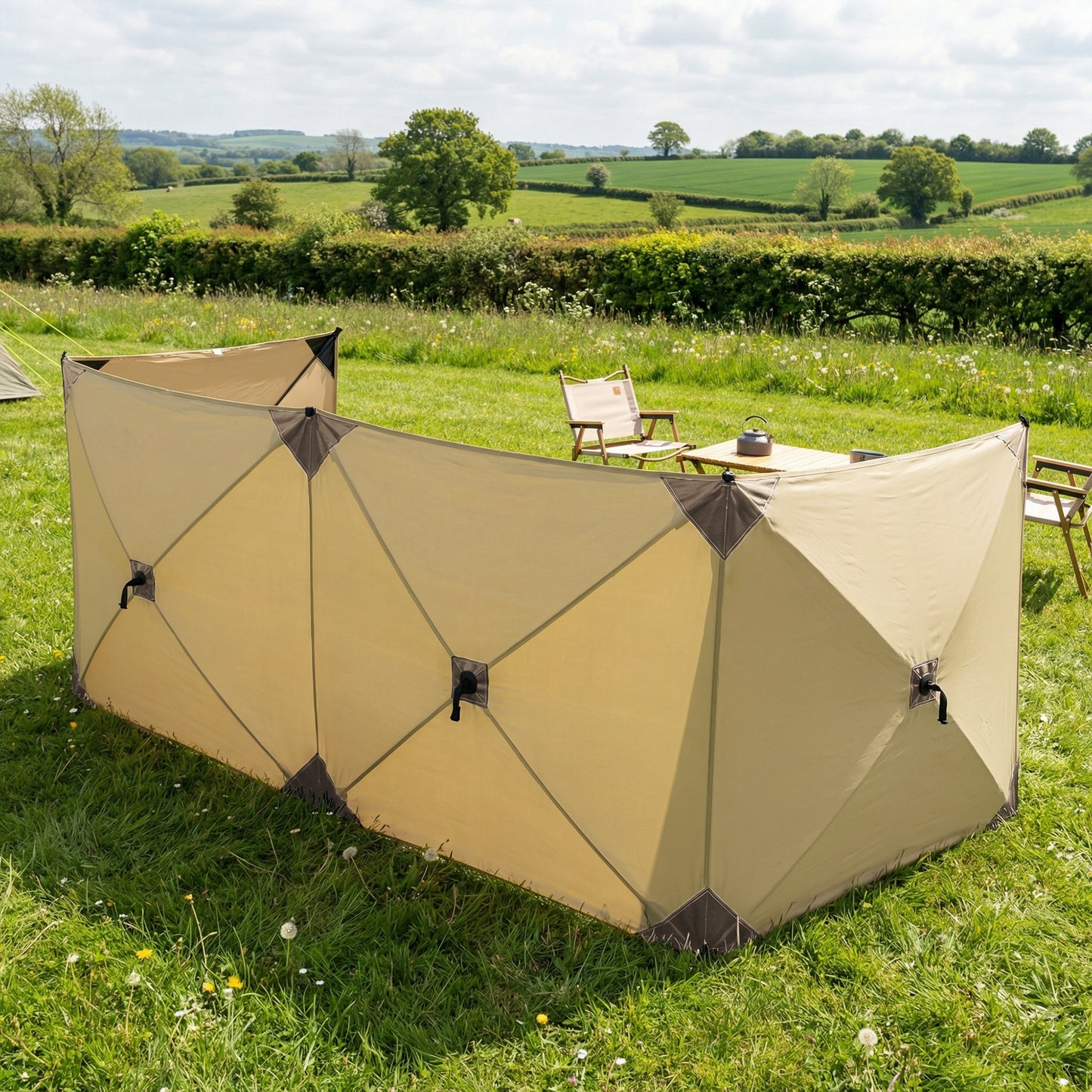 Outsunny Camping Windbreak 480 x 120cm – 4-Panel Pop-Up Wind Blocker, Level 6 Wind Resistance, PU-Coated Oxford Fabric, 3-Min Setup, 12 Stakes & 7 Guy Ropes – Khaki