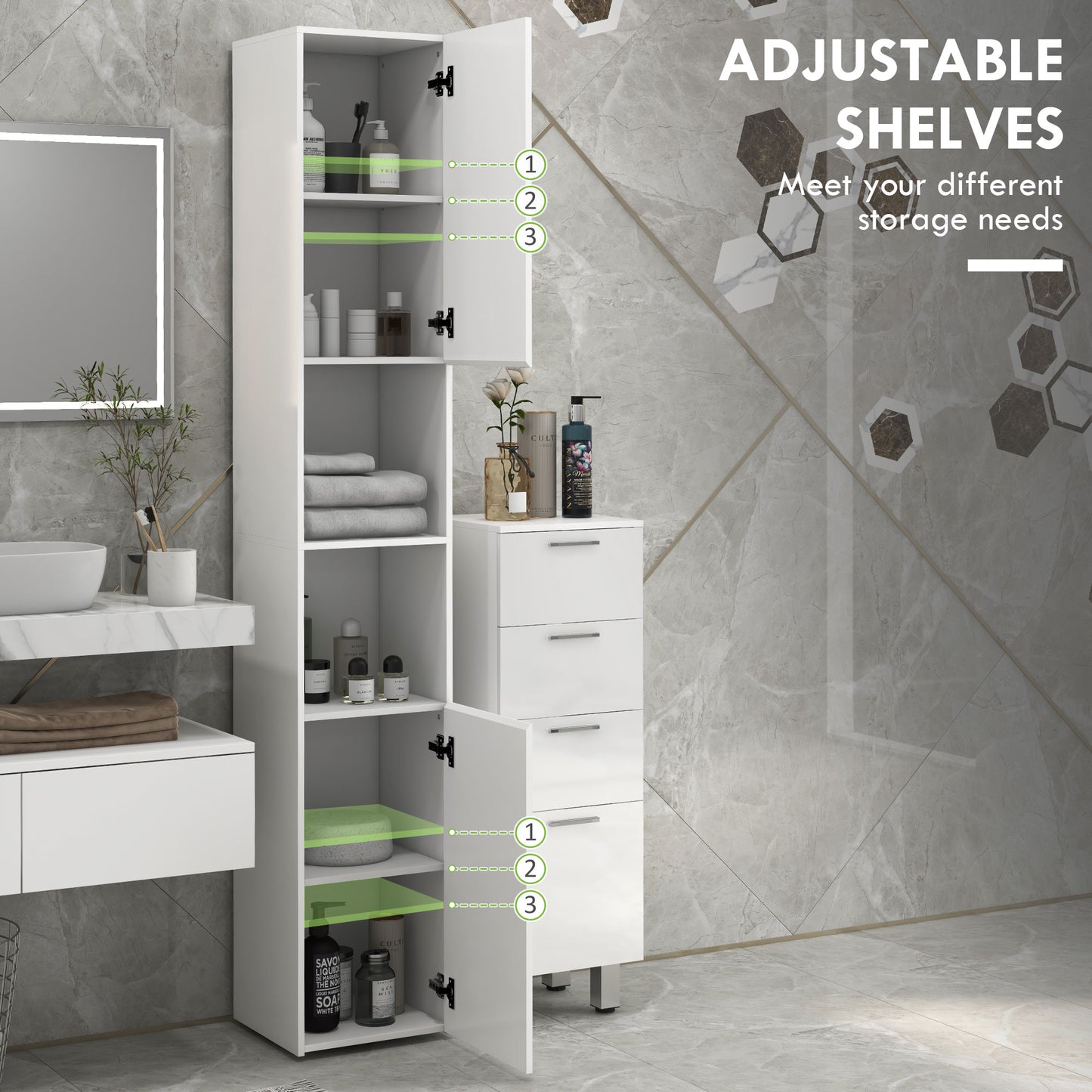 Kleankin Multi-Storage Slim Bathroom Cabinet - High Gloss White