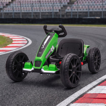 12V Electric Go Kart for Kids | Dual 35W Motors | Soft-Start | 4-Position Adjustable Length 83–98cm | Sliding Seat | LED Lights | EVA Wheels | 50 Min | 1.5–4km/h | 25kg | Age 3–6 | Green