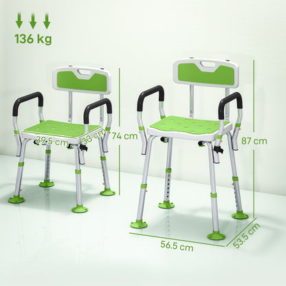 EVA Padded Shower Chair, Height Adjustable Shower Stool With Back and Arms, 4 Suction Foot Pads, Green