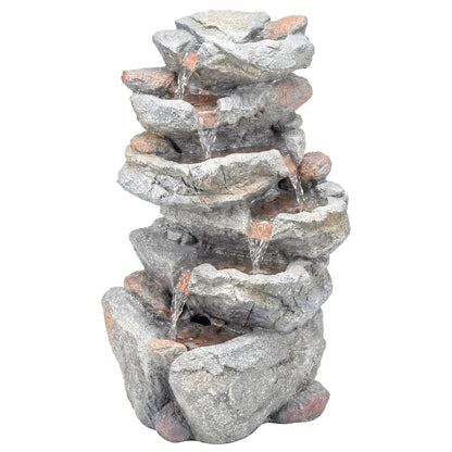 Outsunny Outdoor Water Fountain with 6-Tier Rock Style, Cascading Waterfall Feature with LED Lights, Adjustable Flow, Grey
