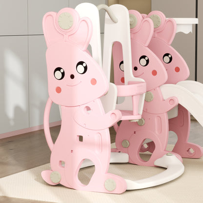 AIYAPLAY 4 in 1 Kids  Baby Toddler Slide and Swing Set with Climber, Basketball Hoop, Rabbit-Themed, Pink