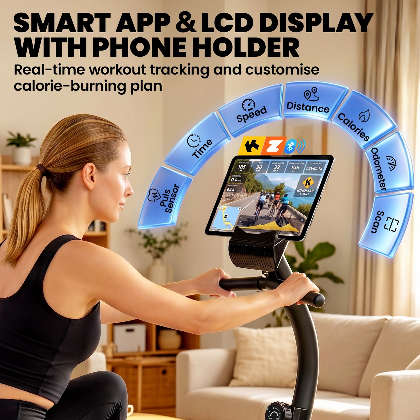 Recumbent Exercise Bike | Bluetooth | Kinomap & Zwift | 8-Level Magnetic Resistance | Padded Seat & Backrest | 120kg | Blue