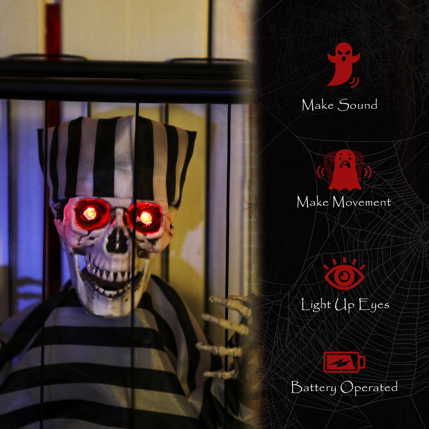 Halloween Animated Hinging Skeleton Prisoner in Cage with Glowing LED Eyes, Spooky Skeleton Scary Halloween Decorations, Battery Operated, Indoor Party Props