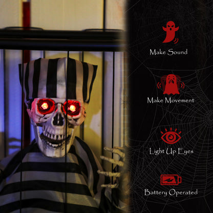 Halloween Animated Hinging Skeleton Prisoner in Cage with Glowing LED Eyes, Spooky Skeleton Scary Halloween Decorations, Battery Operated, Indoor Party Props