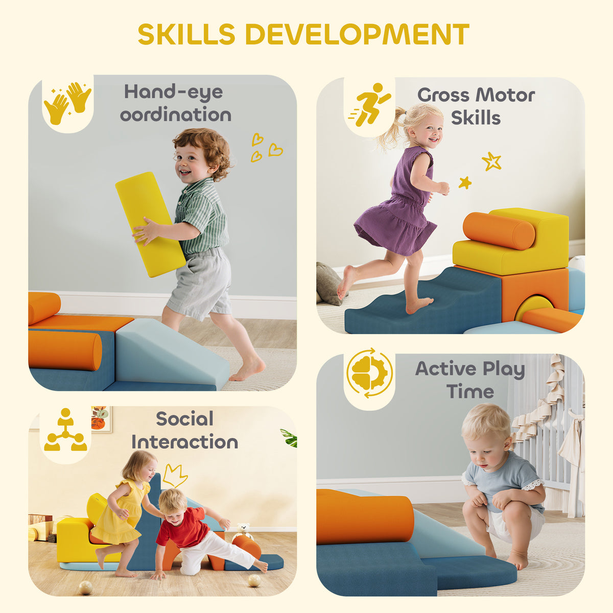 AIYAPLAY 9-Piece Soft Play Set | Multicoloured Foam Climbing & Crawling Blocks | Removable Machine-Washable Velvet Covers