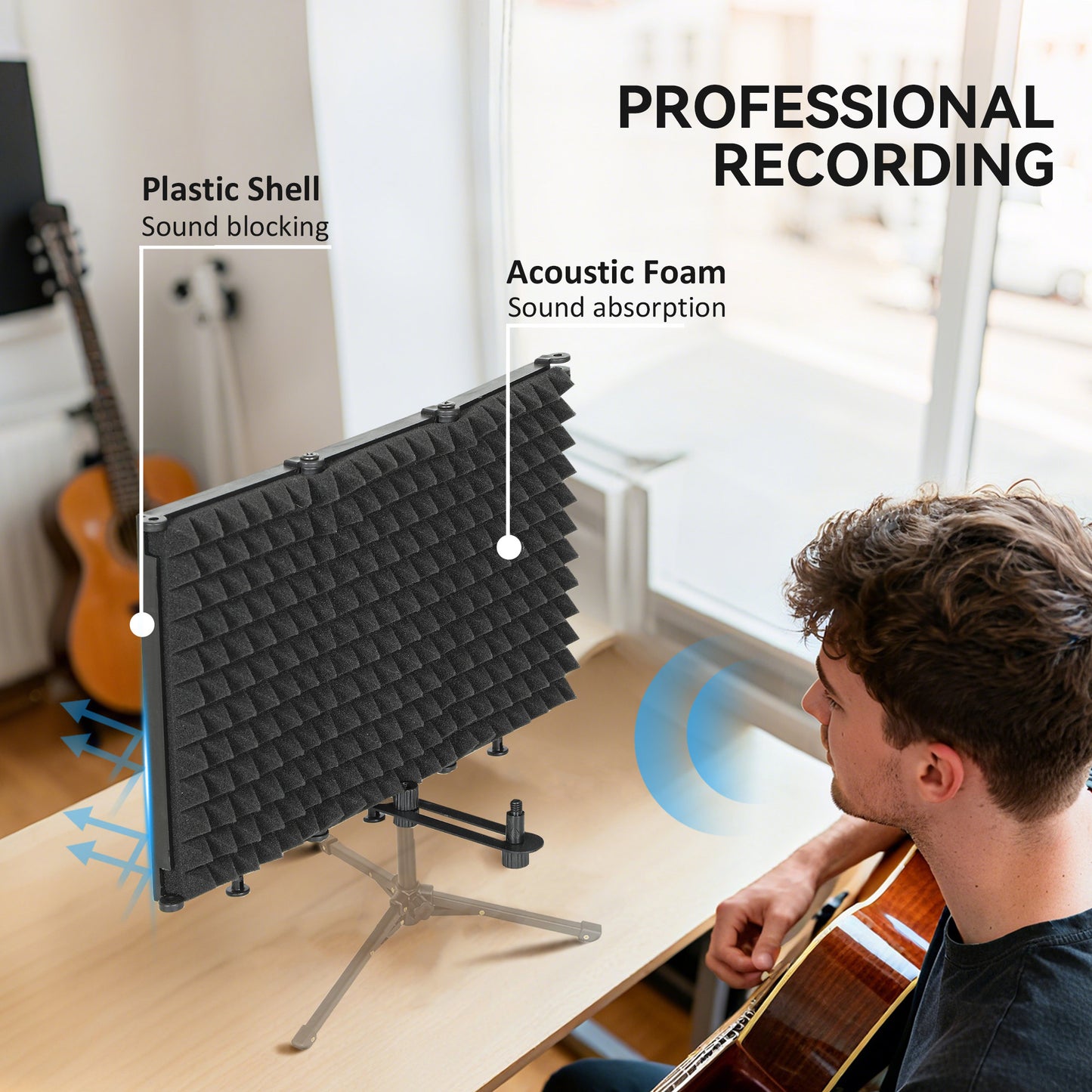 Studio Microphone Isolation Shield, Foldable Adjustable Recording Studio Equipment, 3-Panel High Density Absorbent Foam Shield with 3/8" Threaded Mount, Black