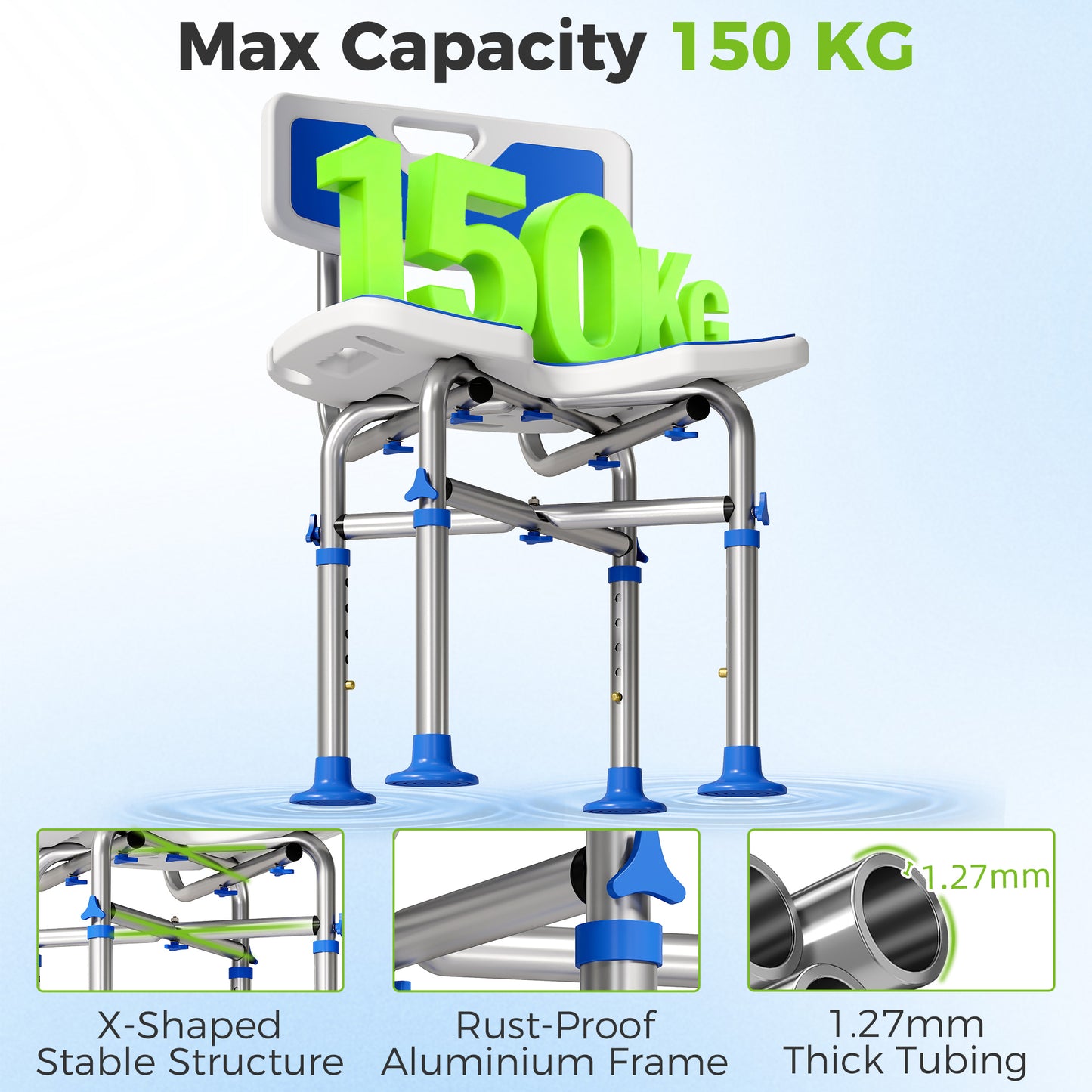 Height Adjustable Shower Chair | U-Shaped Cutout | HDPE Padded Seat | Drainage Holes | Shower Head Holder | Non-Slip Suction Feet | 150kg X-Frame | MDR-CE & FDA Certified | 39-49cm | Blue