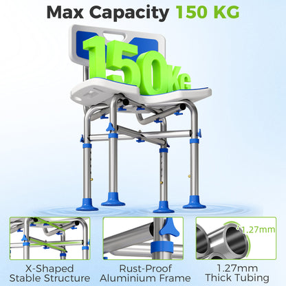 Height Adjustable Shower Chair | U-Shaped Cutout | HDPE Padded Seat | Drainage Holes | Shower Head Holder | Non-Slip Suction Feet | 150kg X-Frame | MDR-CE & FDA Certified | 39-49cm | Blue