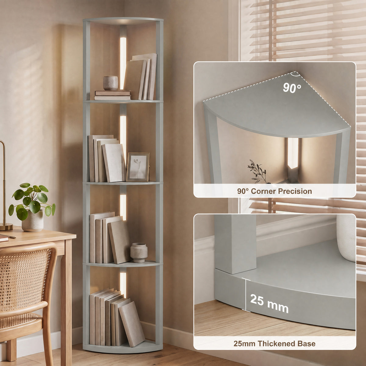 Corner Floor Lamp with 4-Tier Shelving | Grey MDF Plastic | 41x29.5x163.5cm | 3000K Warm White LED | 1530lm | 3-Level Brightness | Foot Switch | 25000hrs | 8kg