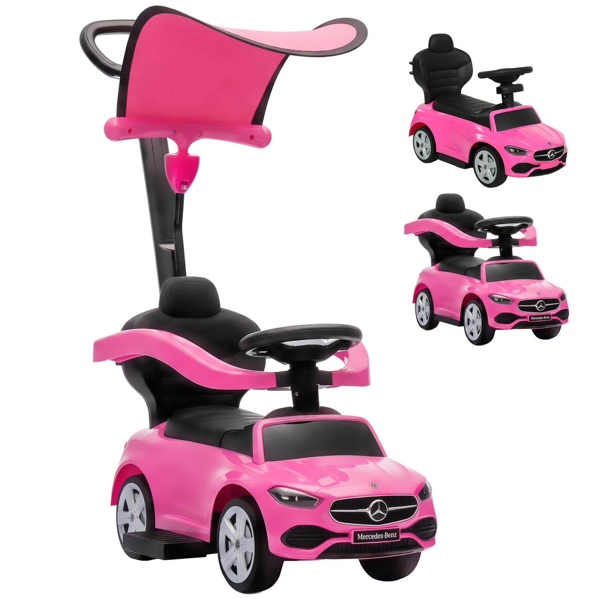 Mercedes Licensed 3-in-1 Kids Ride-On Push Car | Canopy | Guardrails | Steering Wheel Horn & Music | Under-Seat Storage | PP & Steel | 25kg | Ages 12-36 Months | 83x40x90cm | Pink / White / Black