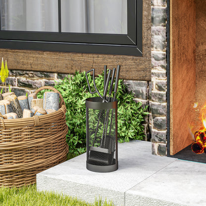 5-Piece Fireplace Tools Set | Mesh Basket | Broom | Shovel | Tongs | Poker | Indoor & Outdoor | Black