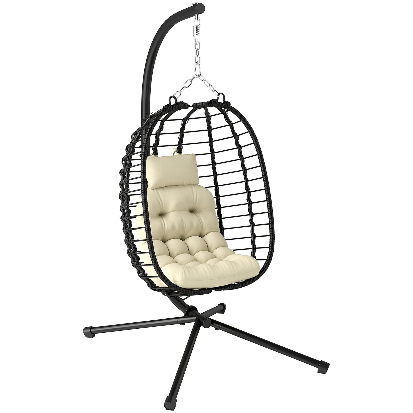 Rattan Hanging Egg Chair, Foldable Wicker Hammock Swing Chair with Cushion, Stand, Adjustable Height, Head Pillow, Steel Frame for Garden