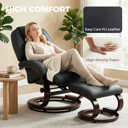 Swivel Recliner Chair & Footstool | PU Leather | 360° Swivel | 135° Recline | Bent Wood Frame | 120kg | Black