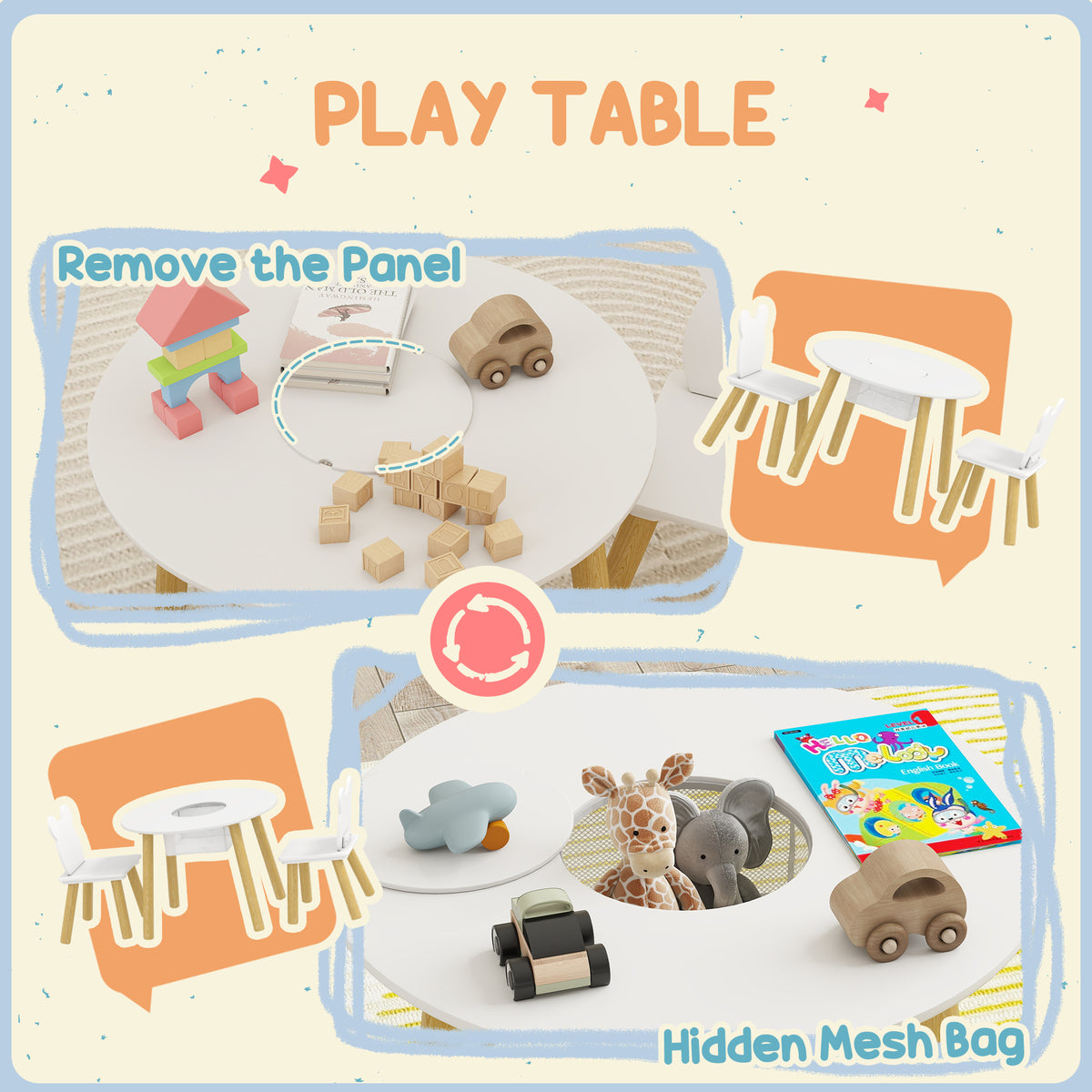 Kids Activity Table & 2 Chair Set | 3-Piece | Bear Backrest | Centre Mesh Storage | Arts & Crafts | Ages 3-6 | White