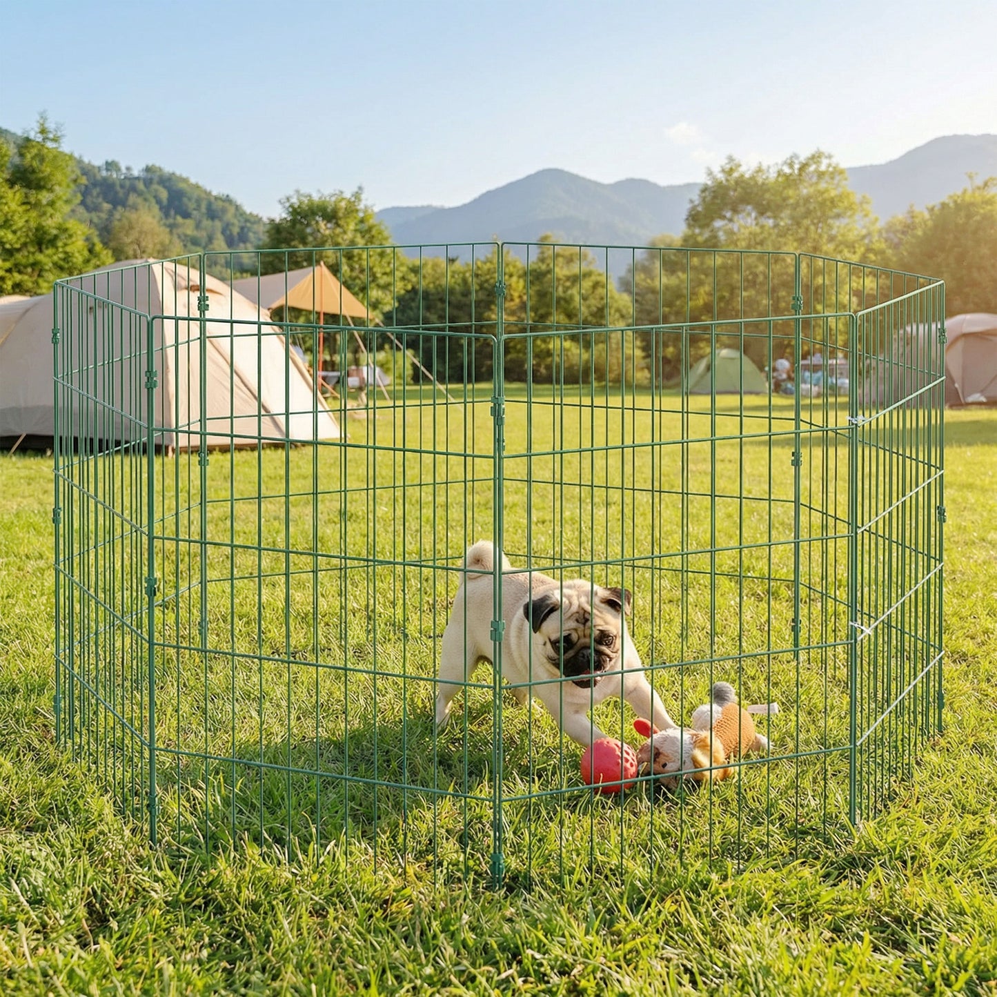 8 Panel Dog Playpen | 80cm Tall | DIY Shape | PE Coated Steel | Foldable | Outdoor Stakes | Medium Dogs up to 25kg | Green