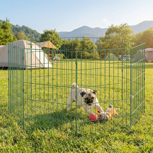 8 Panel Dog Playpen | 80cm Tall | DIY Shape | PE Coated Steel | Foldable | Outdoor Stakes | Medium Dogs up to 25kg | Green