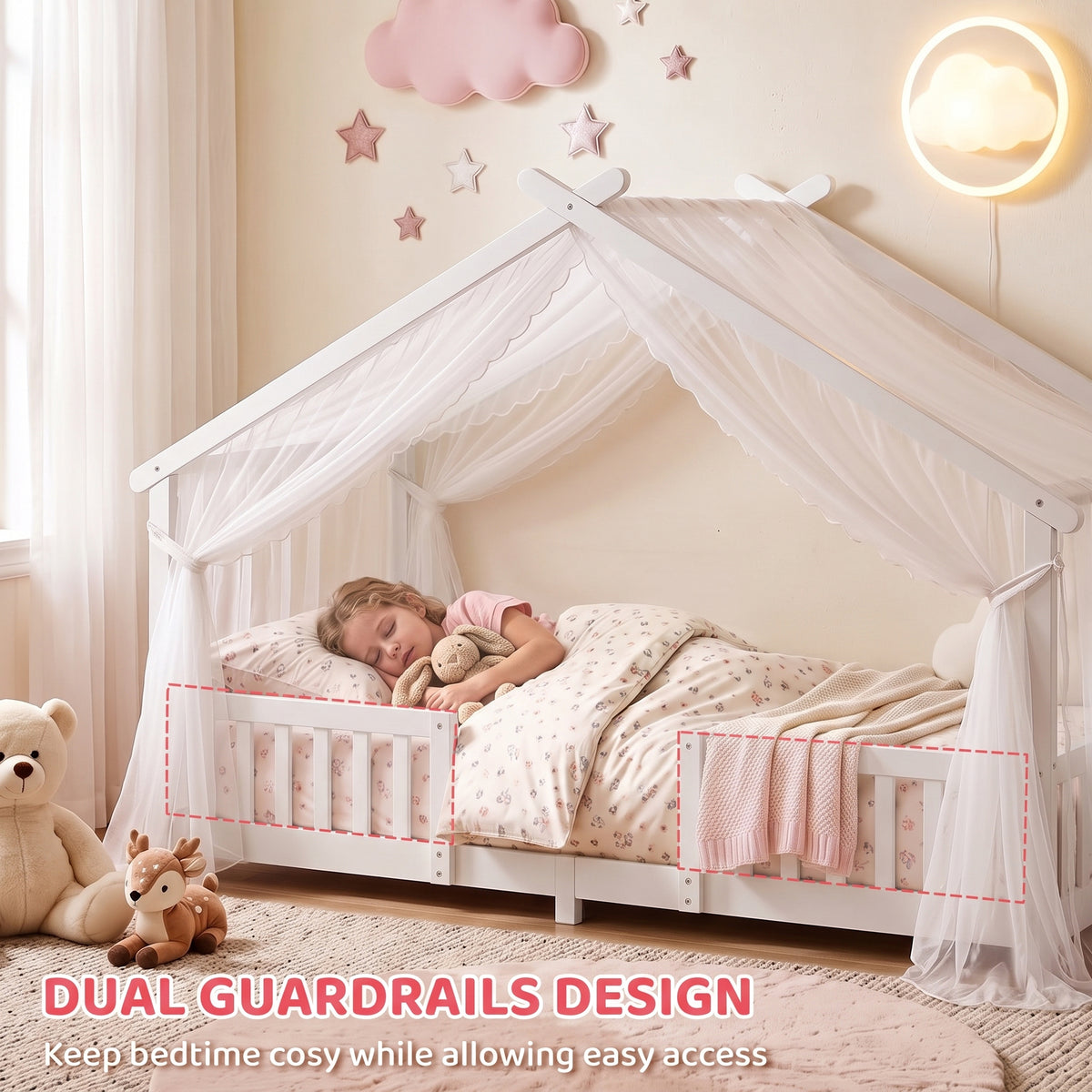 Kids House Single Bed Frame | Solid Pine Wood | House-Shaped Roof Design | Dual Guardrails | 5.5cm Low Floor Height | Fits 200x90cm Mattress | Max 110kg | 217x94x140cm | White or Pink