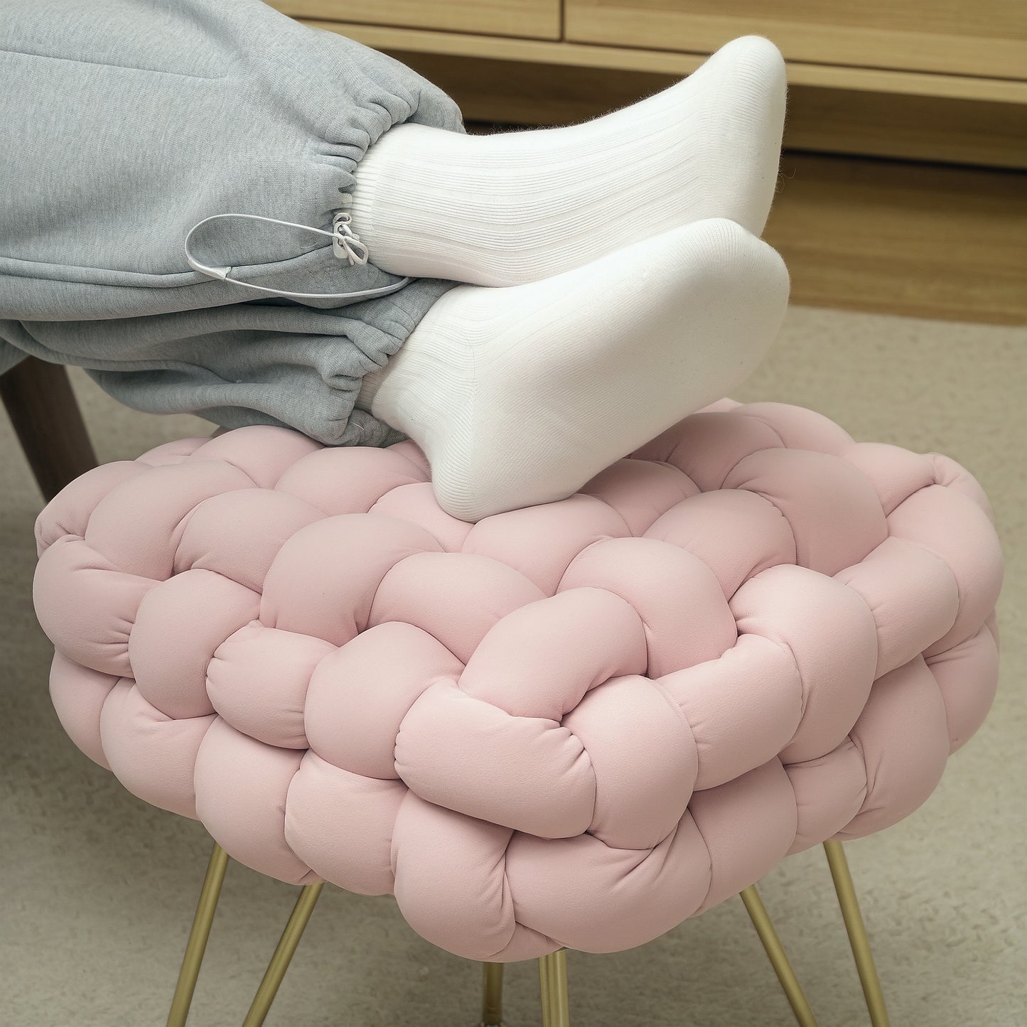 Velvet-Feel Bold Woven Footstool - Pink