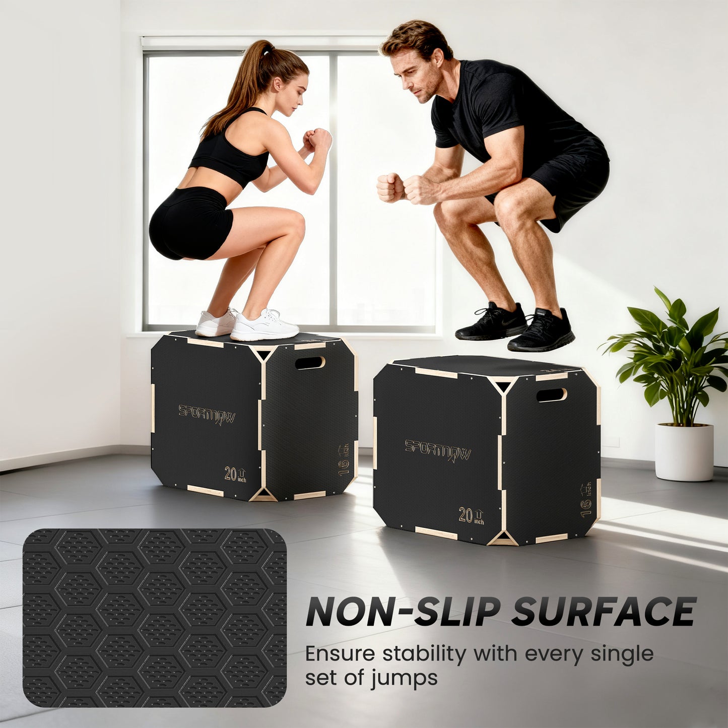 SPORTNOW 3 in 1 Wooden Plyo Box, Corner-free Non-Slip Plyometric Jump Box Step Up Platform with Handle Openings for Home Gym Exercise and Outdoor Workout, 24" x 20" x 16"