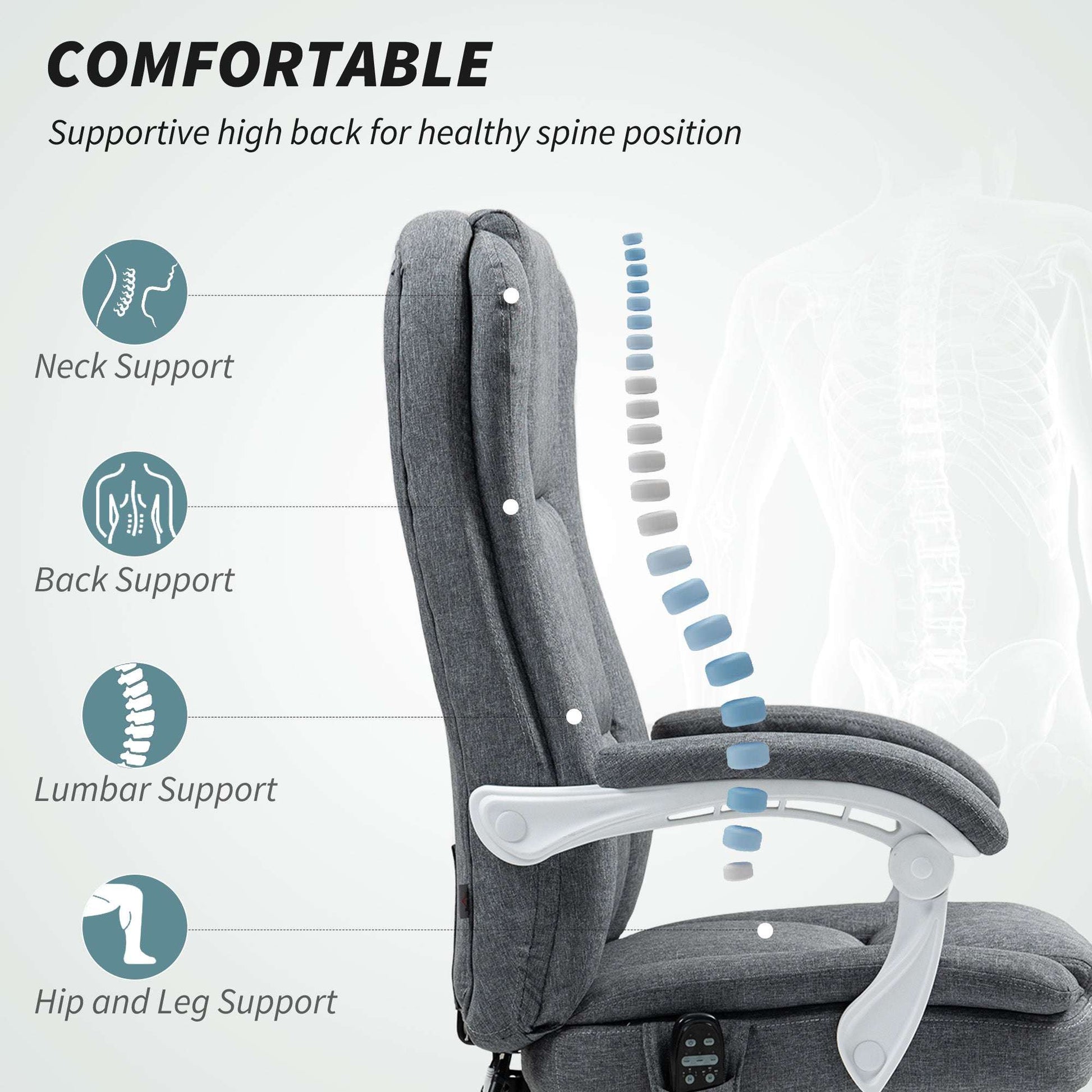 Executive Office Chair with 8-point Massage and Heat, Fabric Computer Desk Chair with Reclining Backrest, Height , Footrest, Remote, for Home, Grey