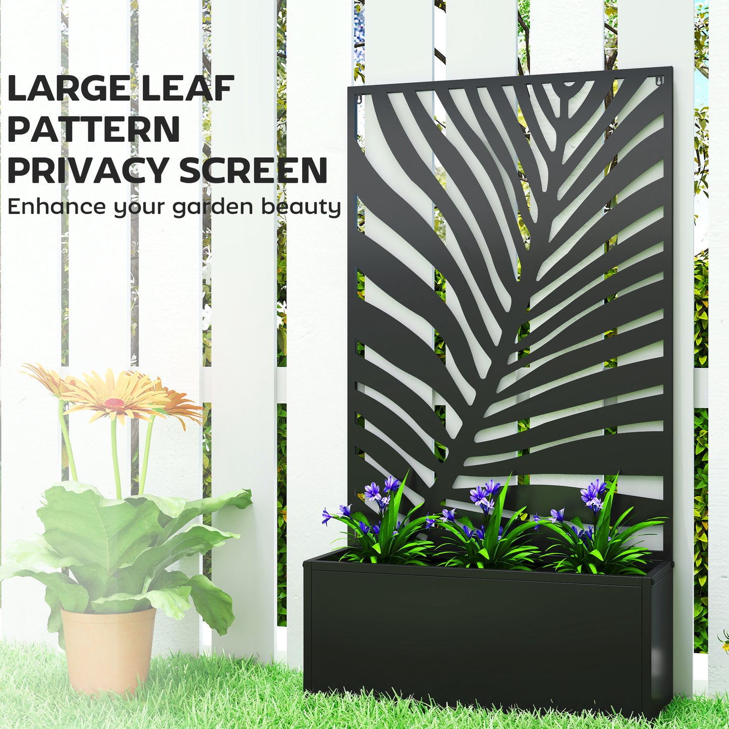 Metal Raised Planter with Large Leaf Cut-Out Trellis & Privacy Screen | Wall Mounted or Freestanding | 29L Soil | 50kg | Powder-Coated | 61x23x113cm | Climbing Plants | Black
