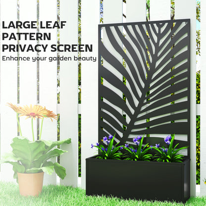 Metal Raised Planter with Large Leaf Cut-Out Trellis & Privacy Screen | Wall Mounted or Freestanding | 29L Soil | 50kg | Powder-Coated | 61x23x113cm | Climbing Plants | Black