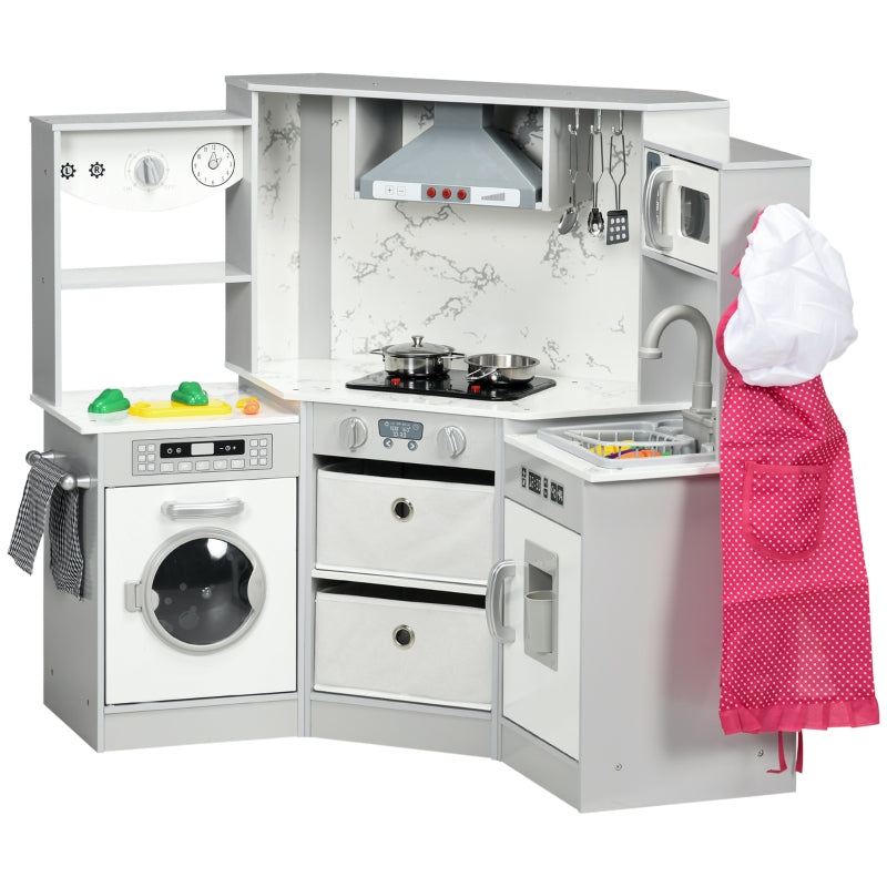 Kids Toy Kitchen With Running Water, Lights, Sounds, Apron and Chef Hat, Water Dispenser, for Ages 3-6 Years, Grey