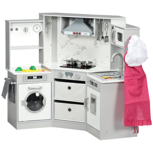 Kids Toy Kitchen With Running Water, Lights, Sounds, Apron and Chef Hat, Water Dispenser, for Ages 3-6 Years, Grey