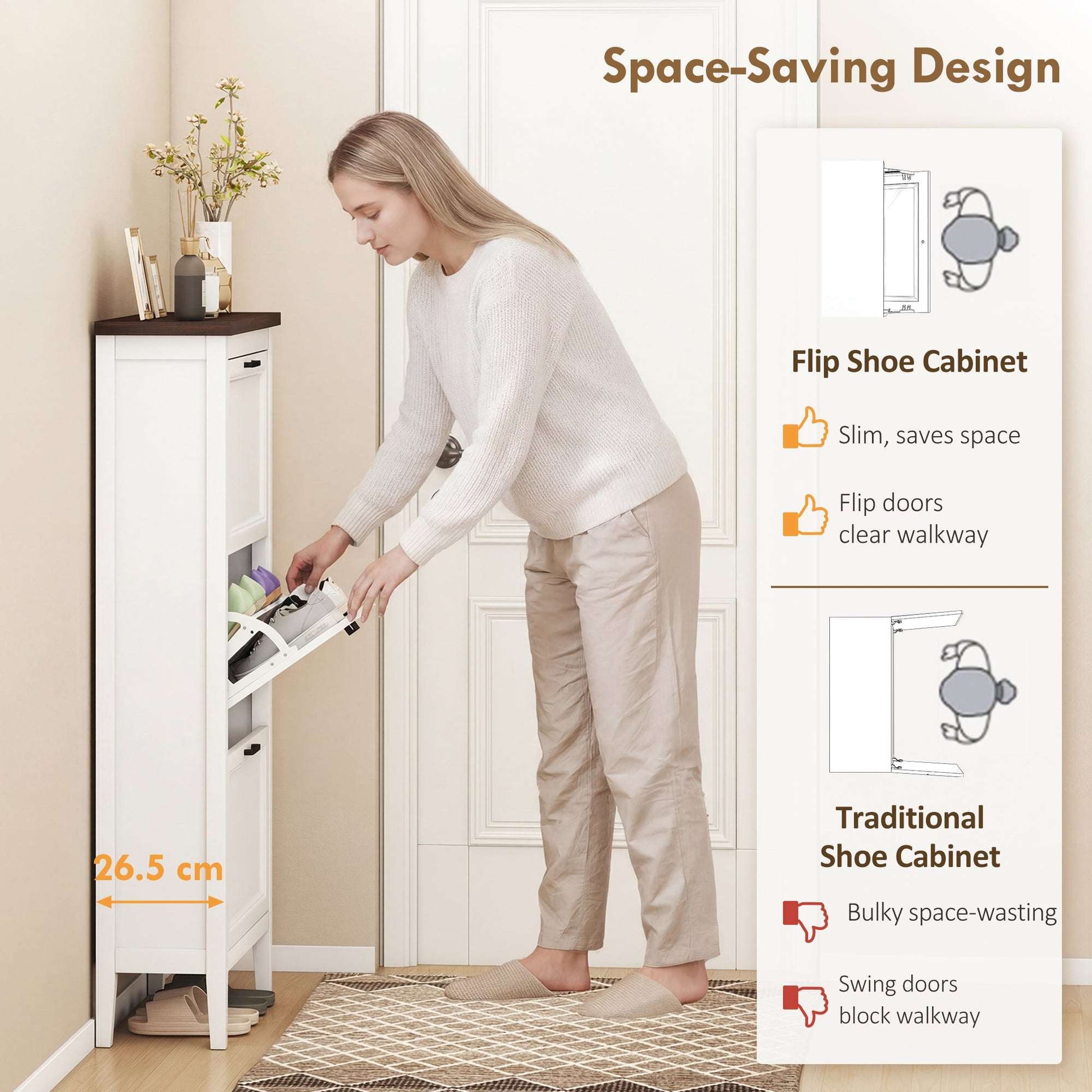 Farmhouse Narrow Shoe Cabinet | 3 Flip Drawers | Adjustable Shelves | 12-18 Pairs | Slim 26.5cm Depth | Max UK 9.5 | Anti-Tipping | MDF | 60x26.5x133.7cm | White