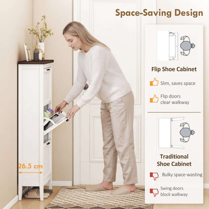Farmhouse Narrow Shoe Cabinet | 3 Flip Drawers | Adjustable Shelves | 12-18 Pairs | Slim 26.5cm Depth | Max UK 9.5 | Anti-Tipping | MDF | 60x26.5x133.7cm | White