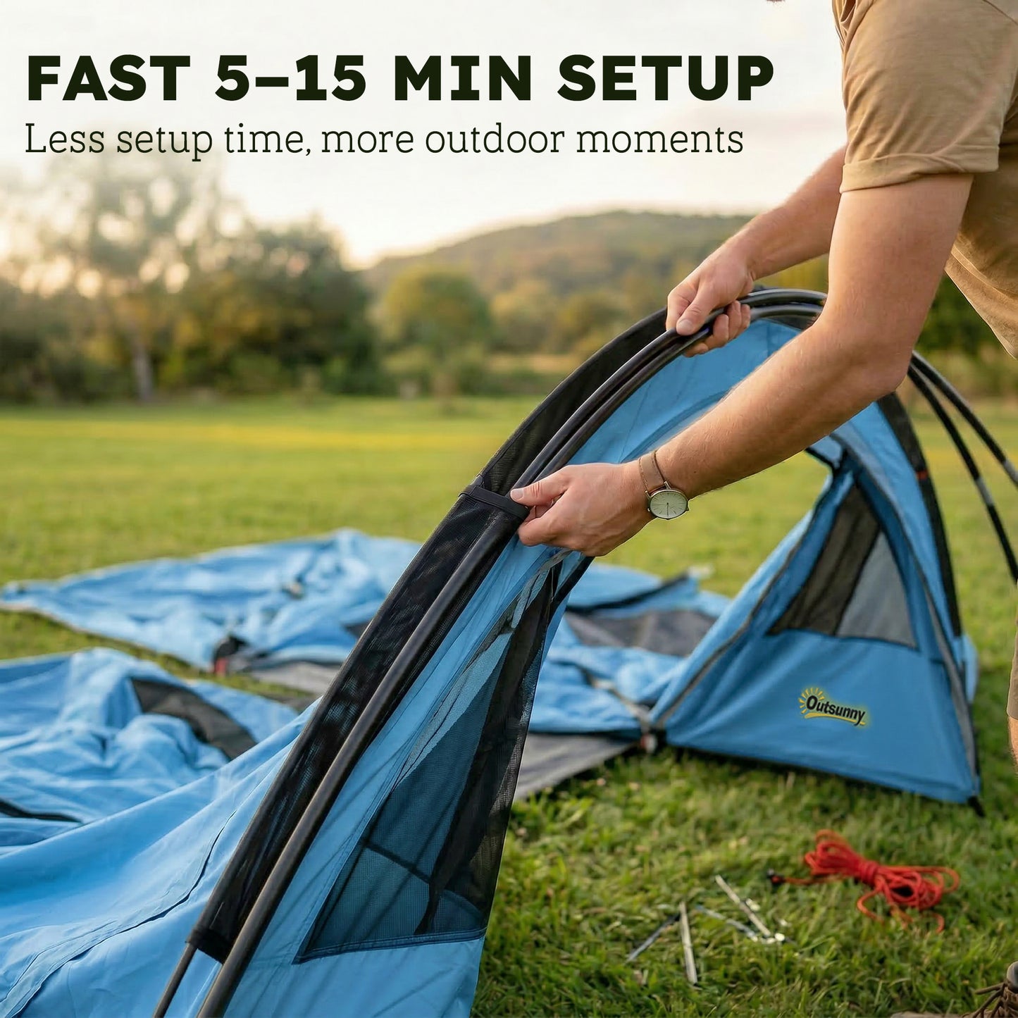 4-Person Family Camping Tent | 2 Rooms | Removable Divider | 3000mm Waterproof | Level 4 Wind Resistance | 7 Storage Pockets | Sets Up in 5-15 Mins | 565 x 370 x 200cm | Sky Blue & Grey